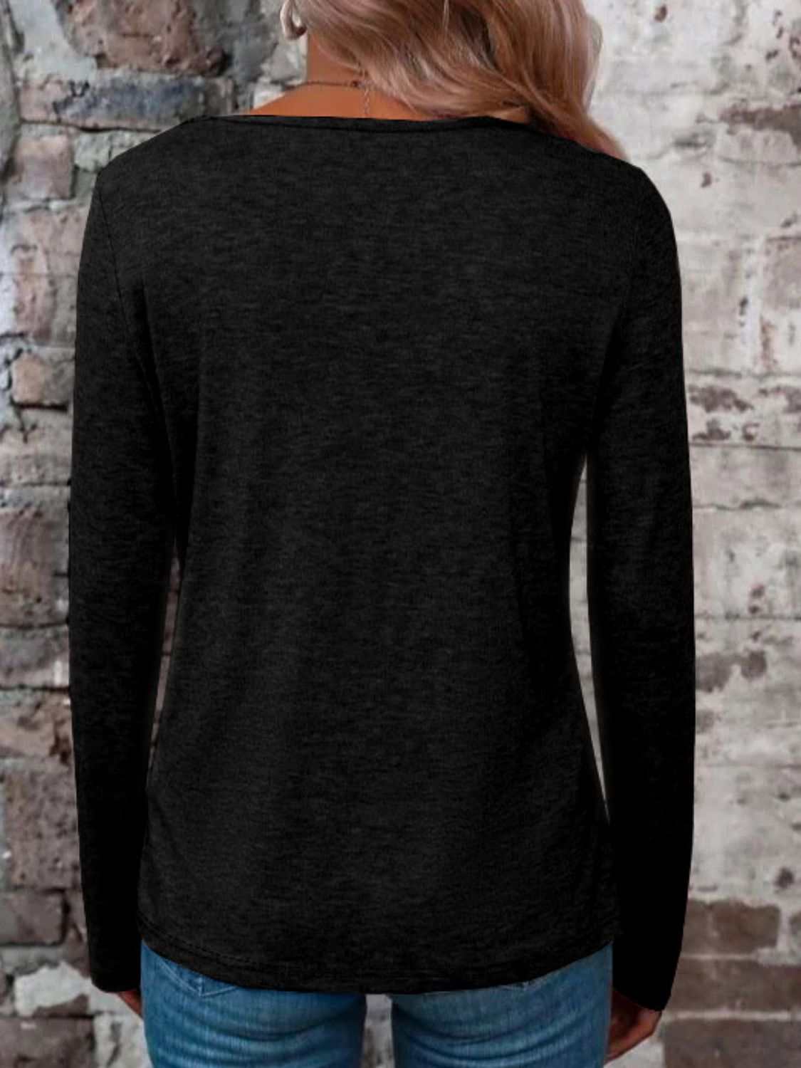 Crisscross V-Neck Long Sleeve T-Shirt in black, slightly stretchy fabric.