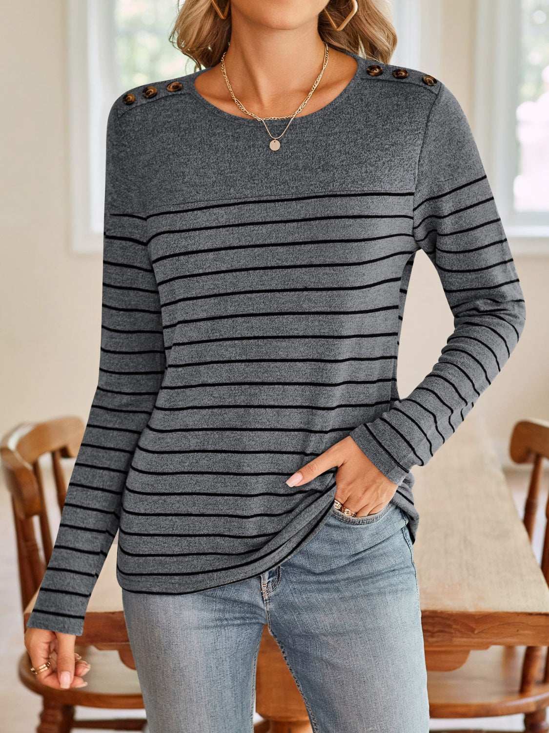Lovelet Striped Round Neck Long Sleeve T-Shirt with Decorative Buttons