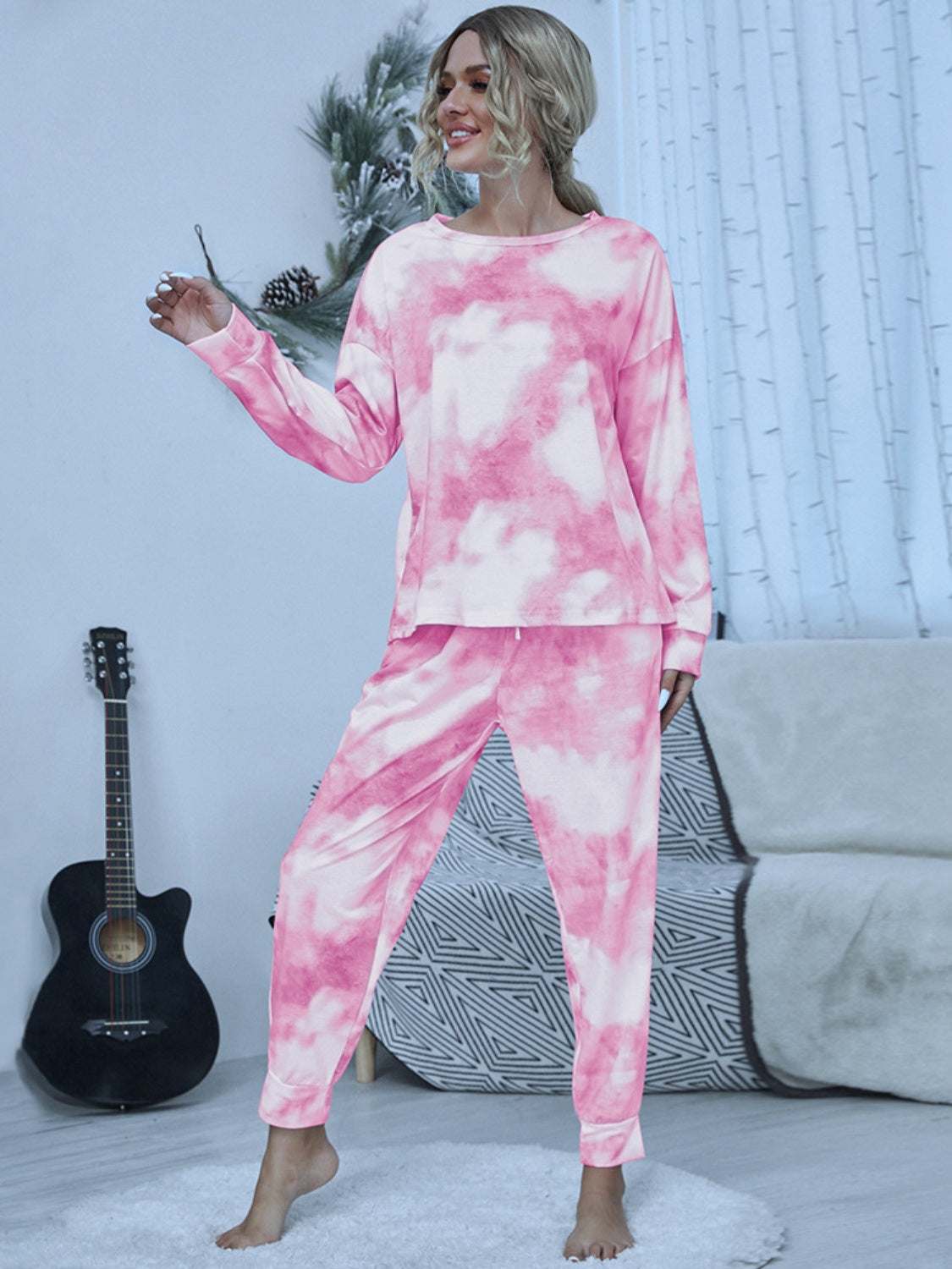 Shiny Tie-Dye Round Neck Top and Pants Lounge Set in pink and white, modeled indoors.