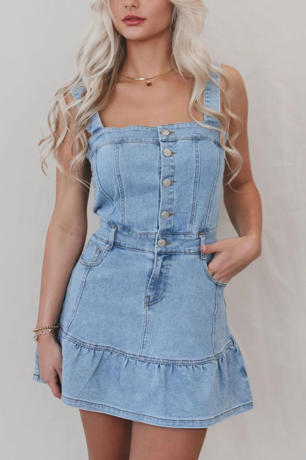 Ruffled Hem Button Front Square Neck Denim Dress - Securing Secrets Boutique LLC