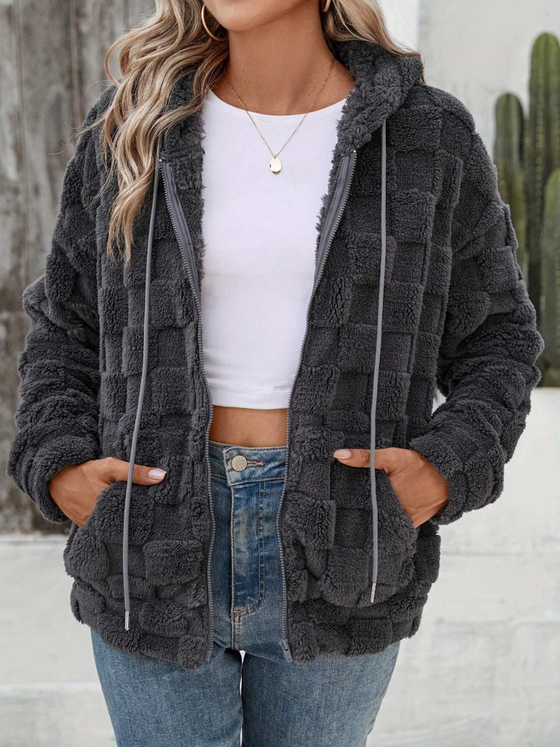 Checkered texture zip up fuzzy jacket in dark gray with drawstring hood and pockets