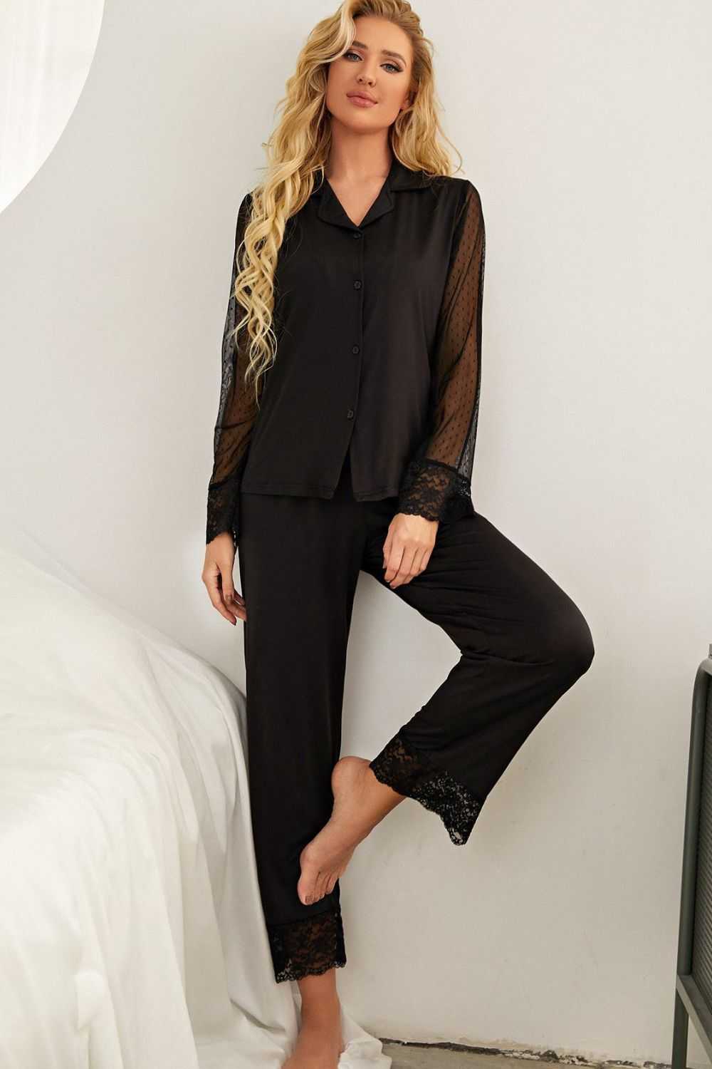 Spliced Lace Lapel Collar Pajama Set with long sleeves and lace details.