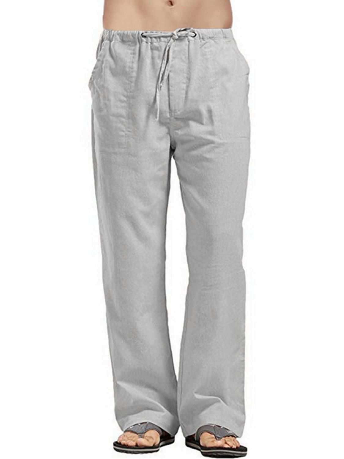 Men's full size drawstring straight leg pants, cotton-polyester blend.