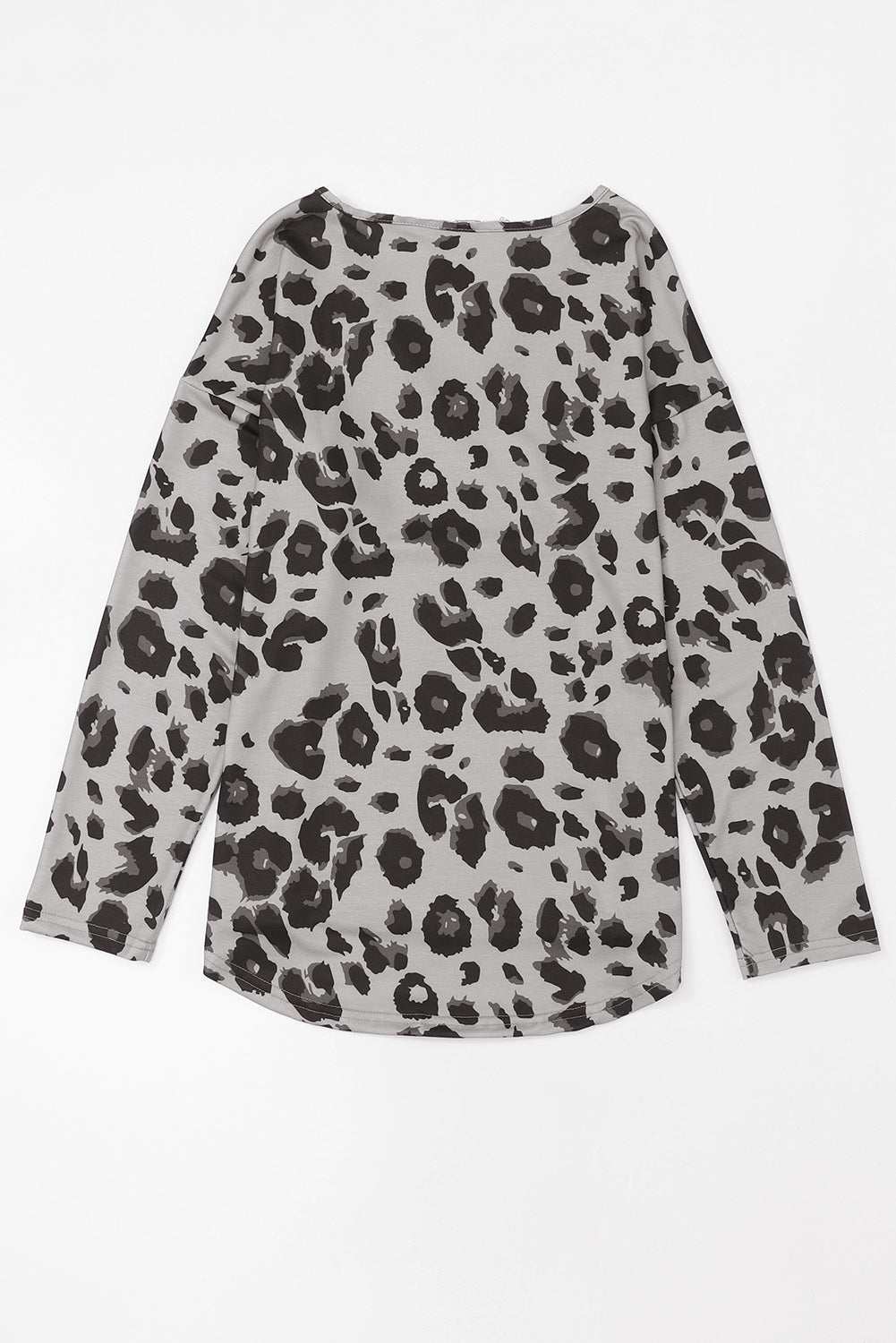 Leopard V-Neck Dropped Shoulder Blouse in black and gray pattern on flat surface.