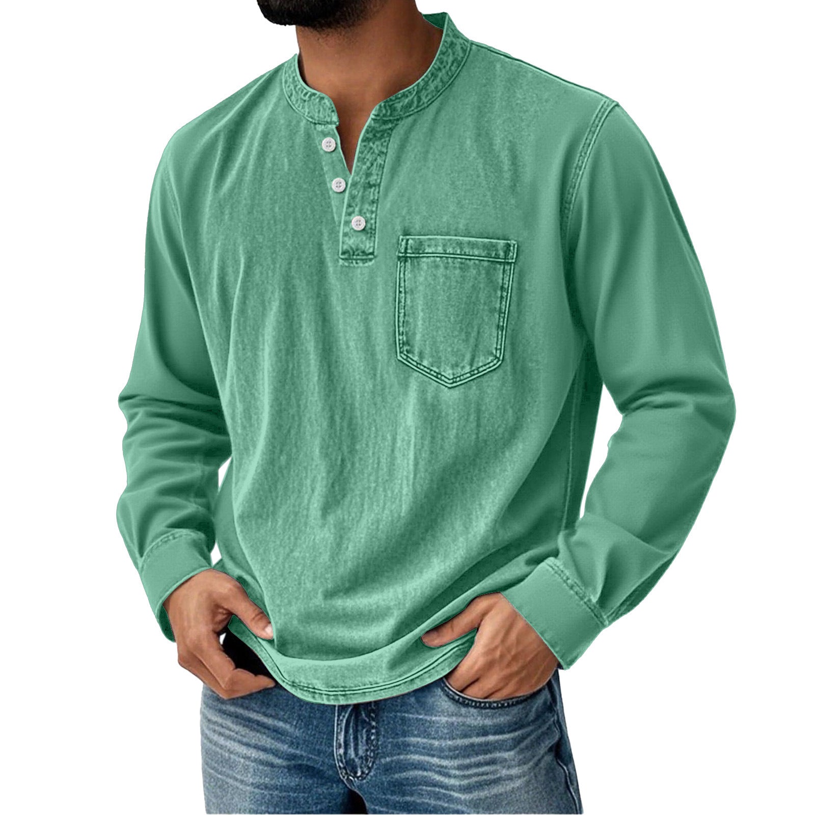 Printed Three-button Long-sleeve T-shirt For Young Men Casual