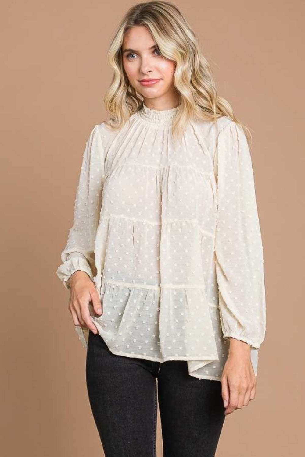 Culture Code Full Size Swiss Dot Smocked Mock Neck Blouse in cream.