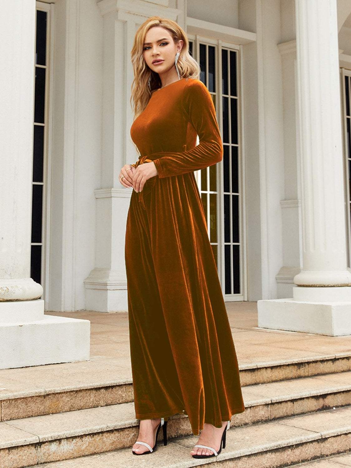 Tie Front Round Neck Long Sleeve Maxi Dress in rust color, features basic style and slightly stretchy polyester fabric.