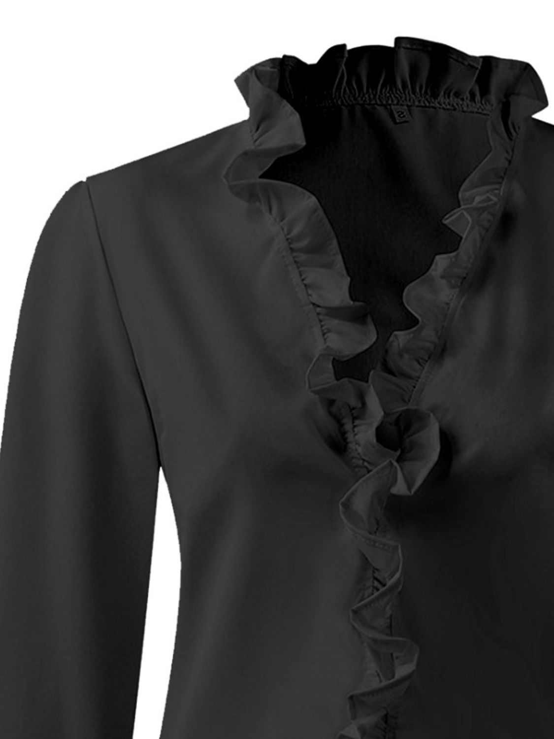 Full size ruffled V-neck long sleeve blouse in black, 100% polyester.