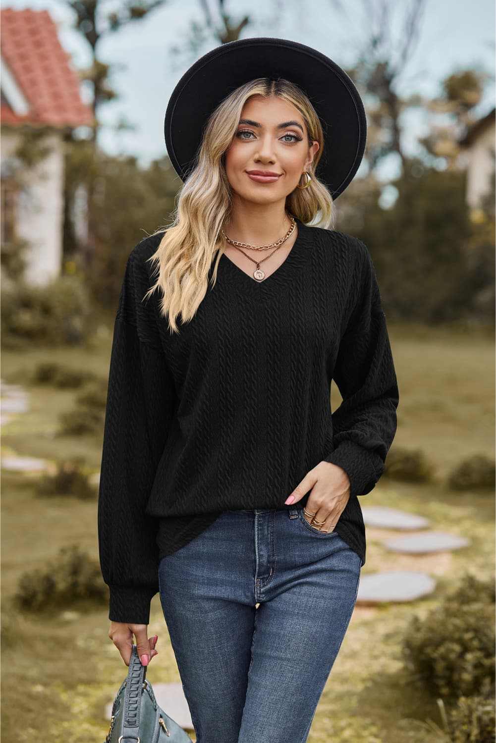 V-Neck Dropped Shoulder Blouse with Long Sleeves and Solid Pattern in Black