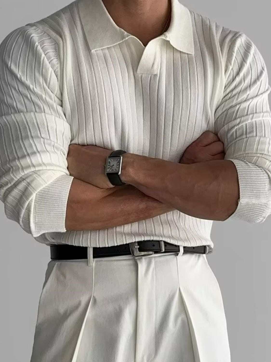 Men's plus size collared neck long sleeve polo shirt in white.