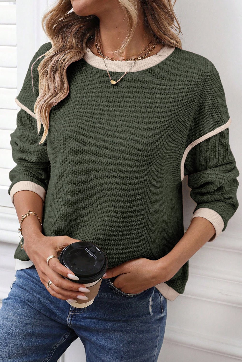 Beige Contrast Color Trim Knit Drop Shoulder Loose Top