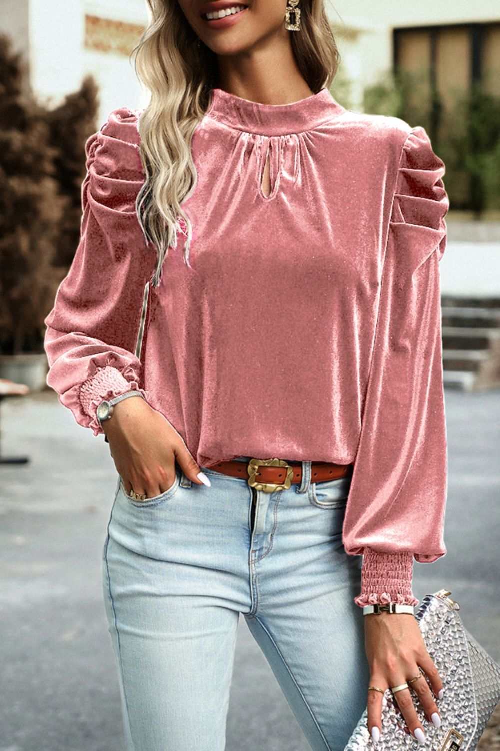 Mock neck velvet fabric long sleeve blouse with tie-up detail and ruched sleeves in pink.