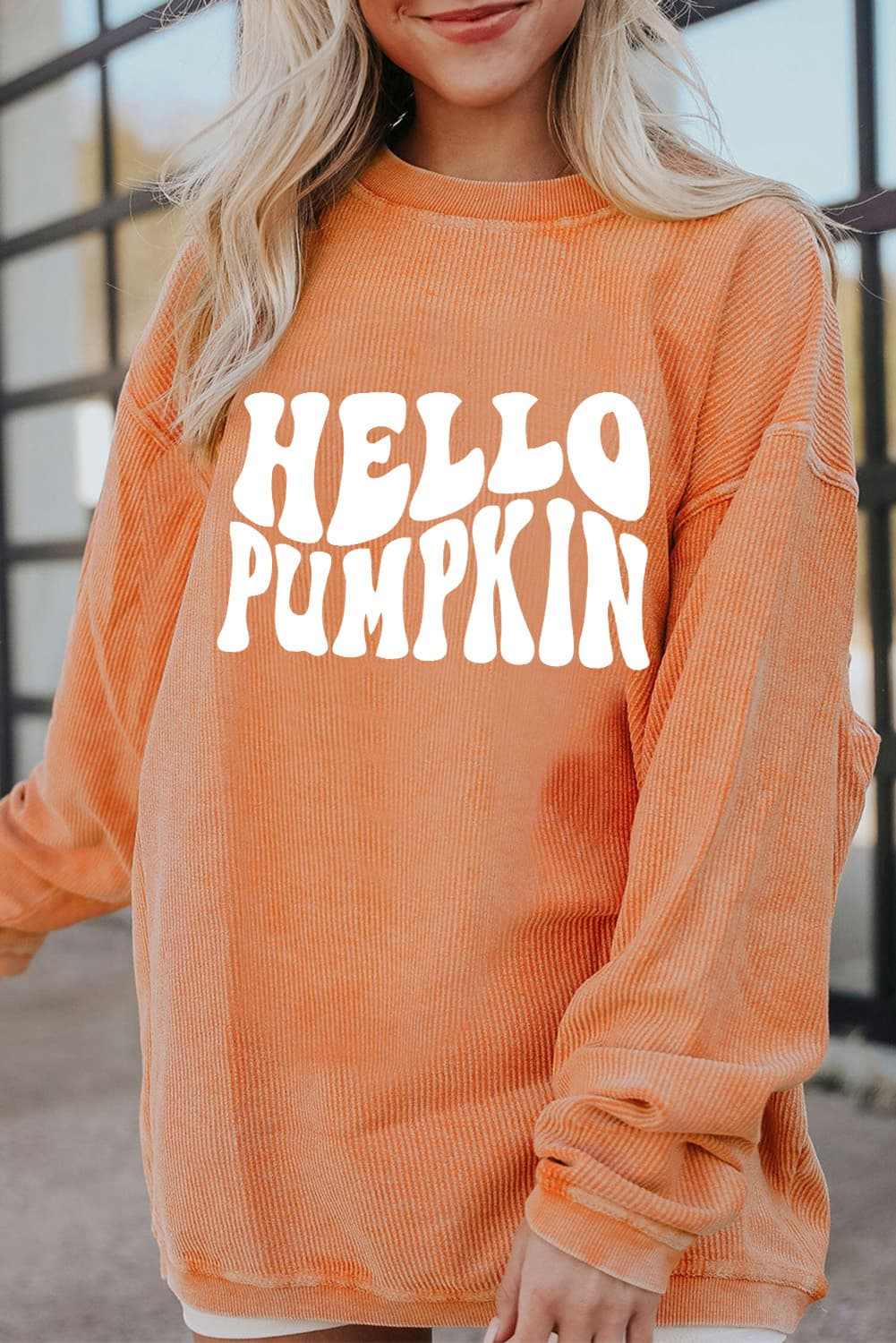 Round neck dropped shoulder HELLO PUMPKIN graphic sweatshirt, casual style, long sleeves, 100% polyester.