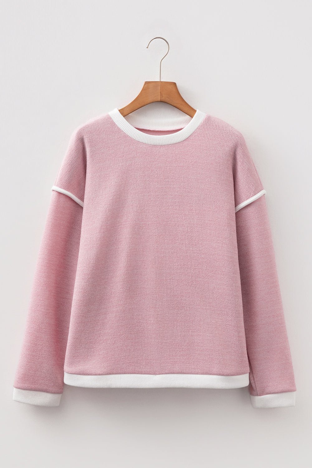 Beige Contrast Color Trim Knit Drop Shoulder Loose Top