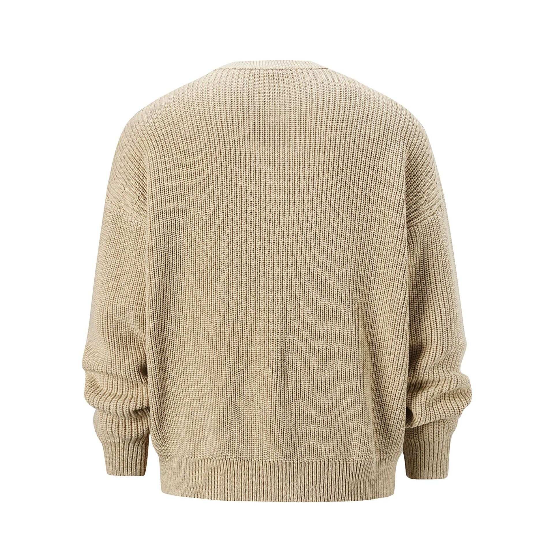 Men's round neck long sleeve sweater, light beige, basic style, stretchy cotton blend.