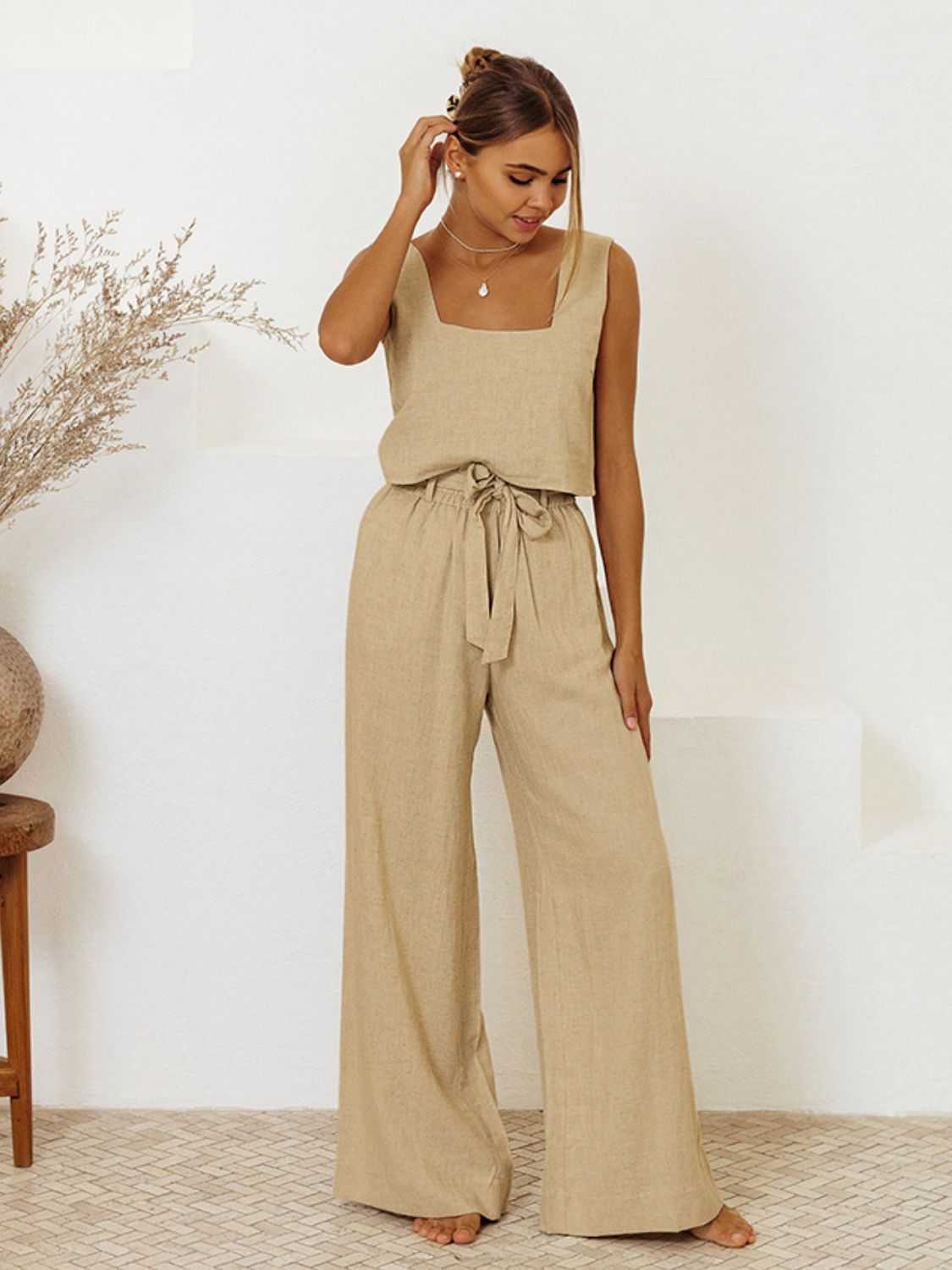 Square neck sleeveless top and pants set in beige, tied and ruffled, 100% cotton.
