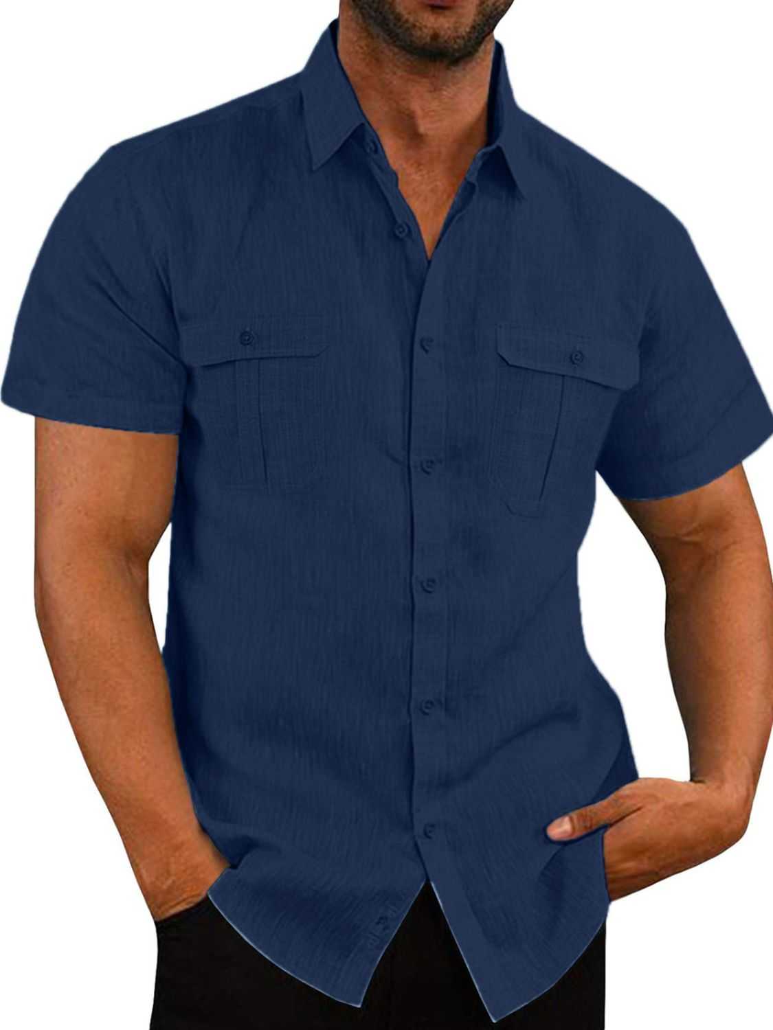 Men's plus size blue short sleeve collared shirt with buttons and pockets.