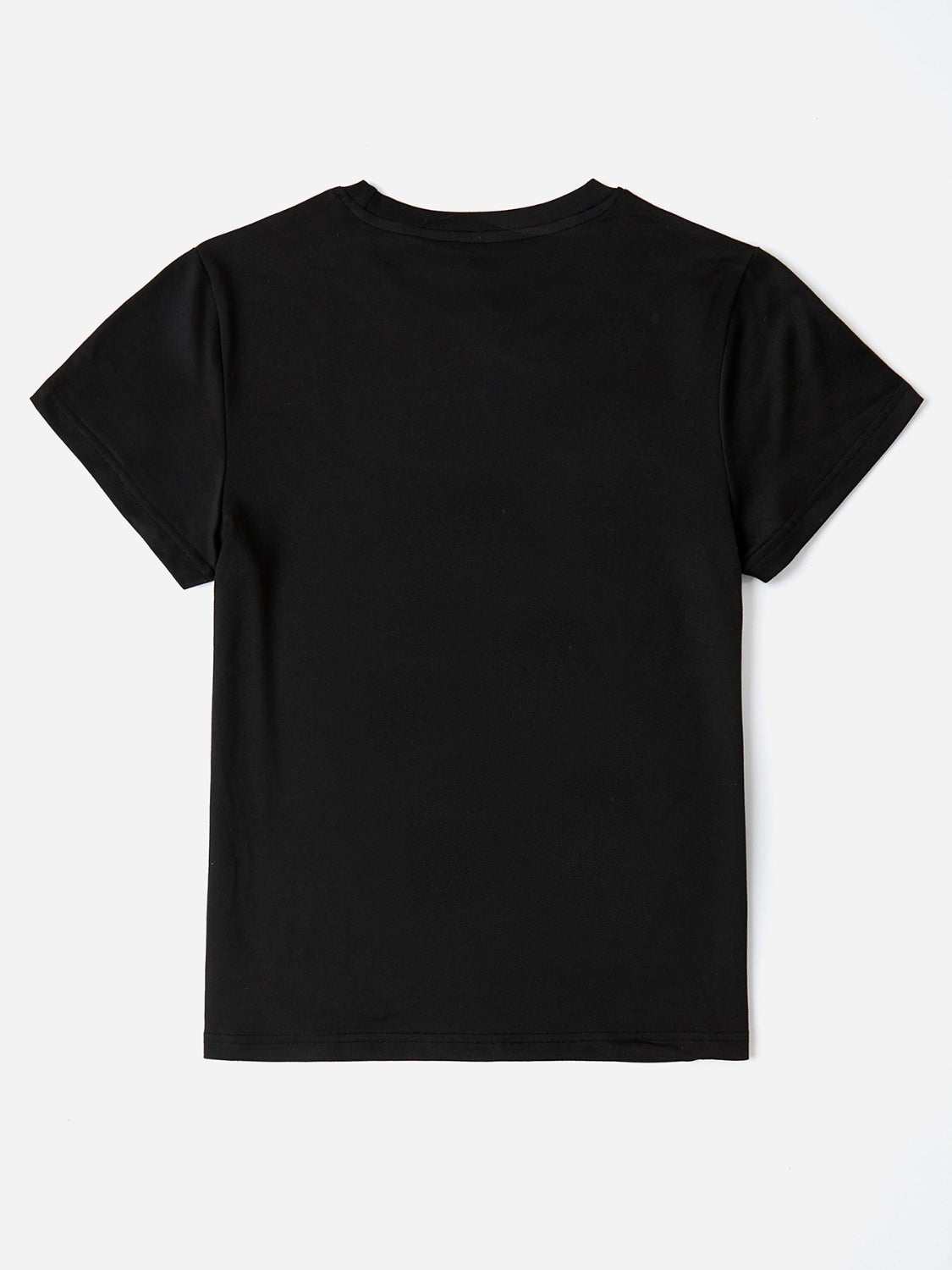 Black letter graphic round neck short sleeve T-shirt made of slightly stretchy polyester.