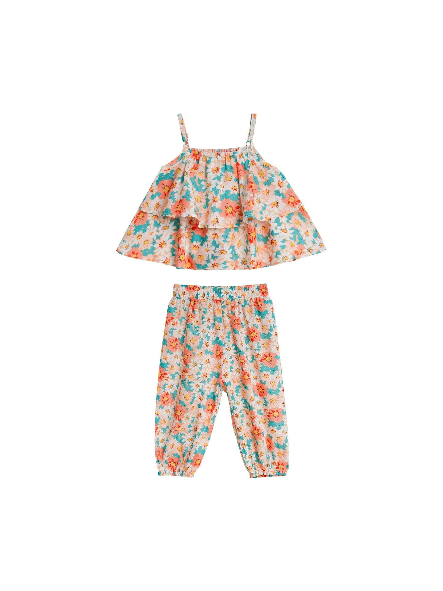 New Girl's Cute Floral Vest And Anti-mosquito Pants Two-piece Set
