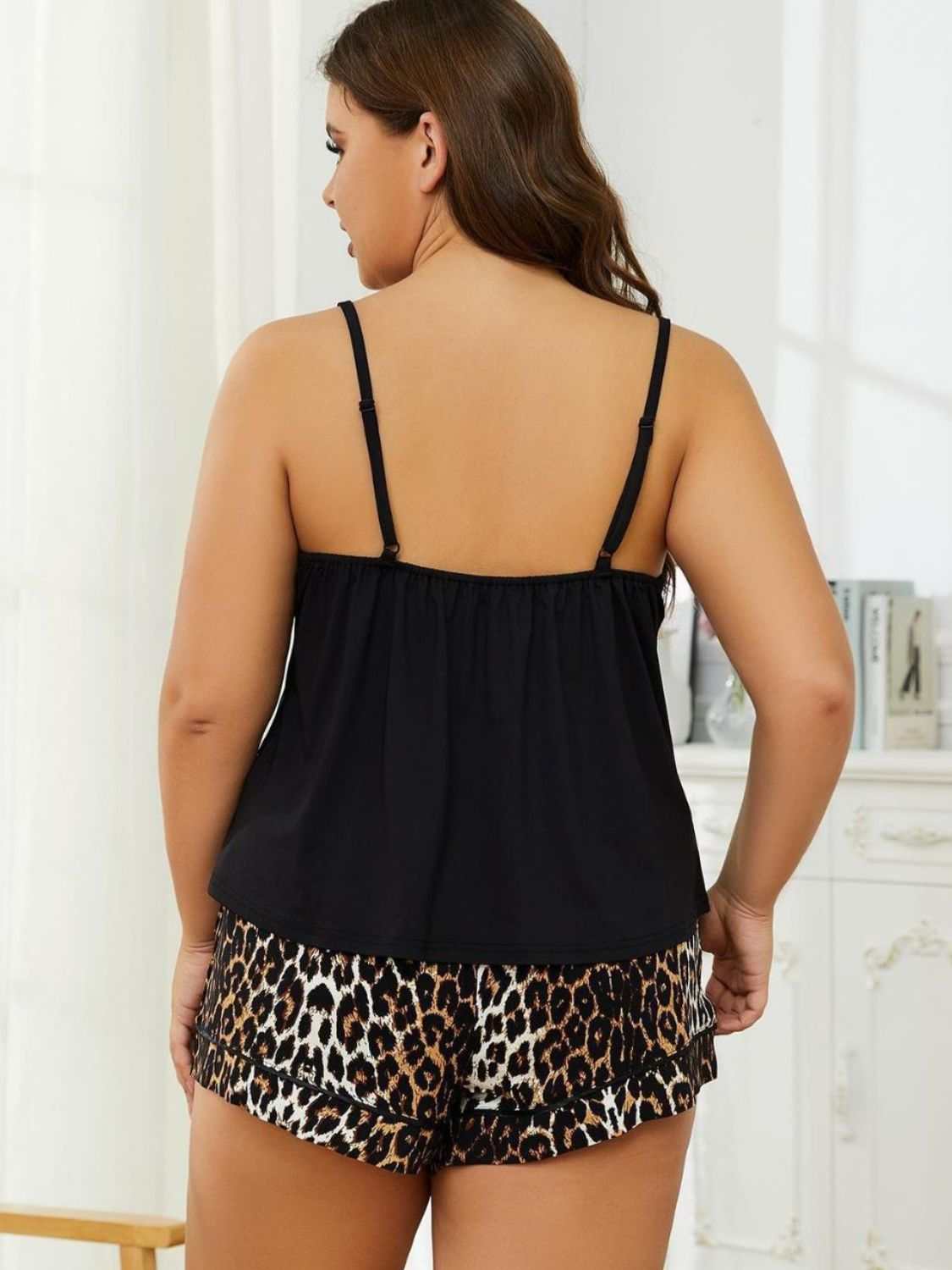 Plus size lace trim scoop neck cami with animal print shorts pajama set.