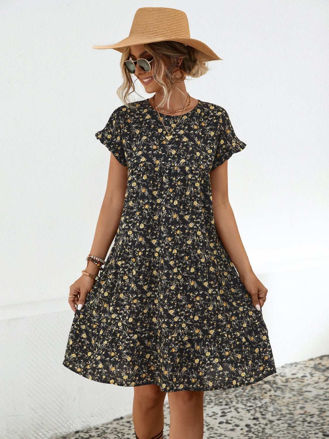 Frilled Gathered Seam Round Neck T Shirt Dress