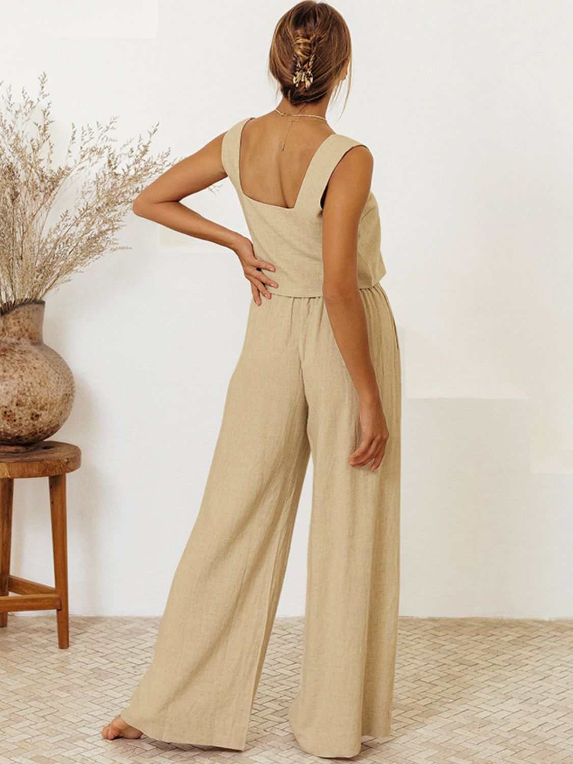 Square neck sleeveless top and pants set with ruffled ties, two-piece, 100% cotton, shown from the back.