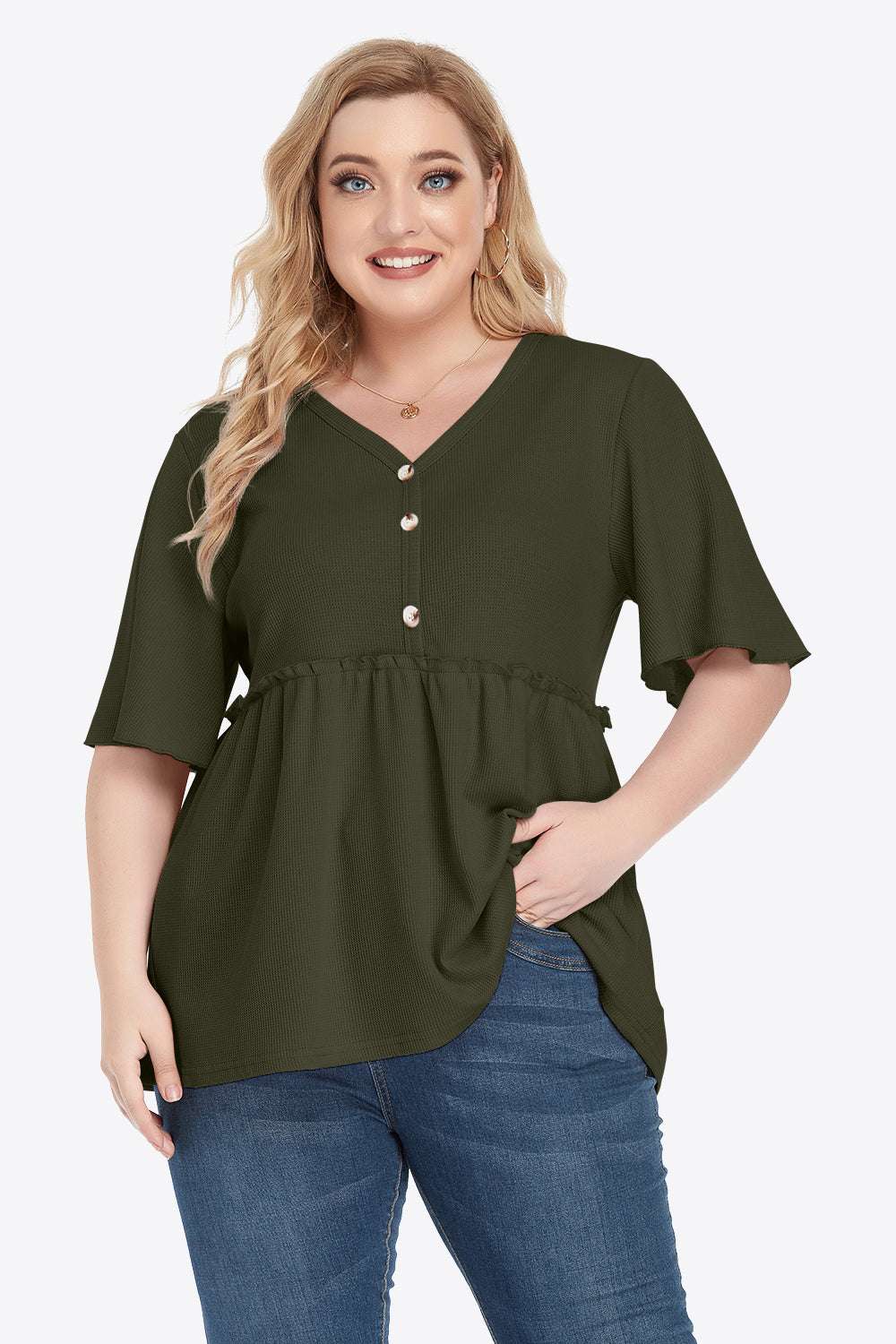 Plus size green buttoned V-neck frill trim babydoll blouse with flutter half sleeves, casual style.