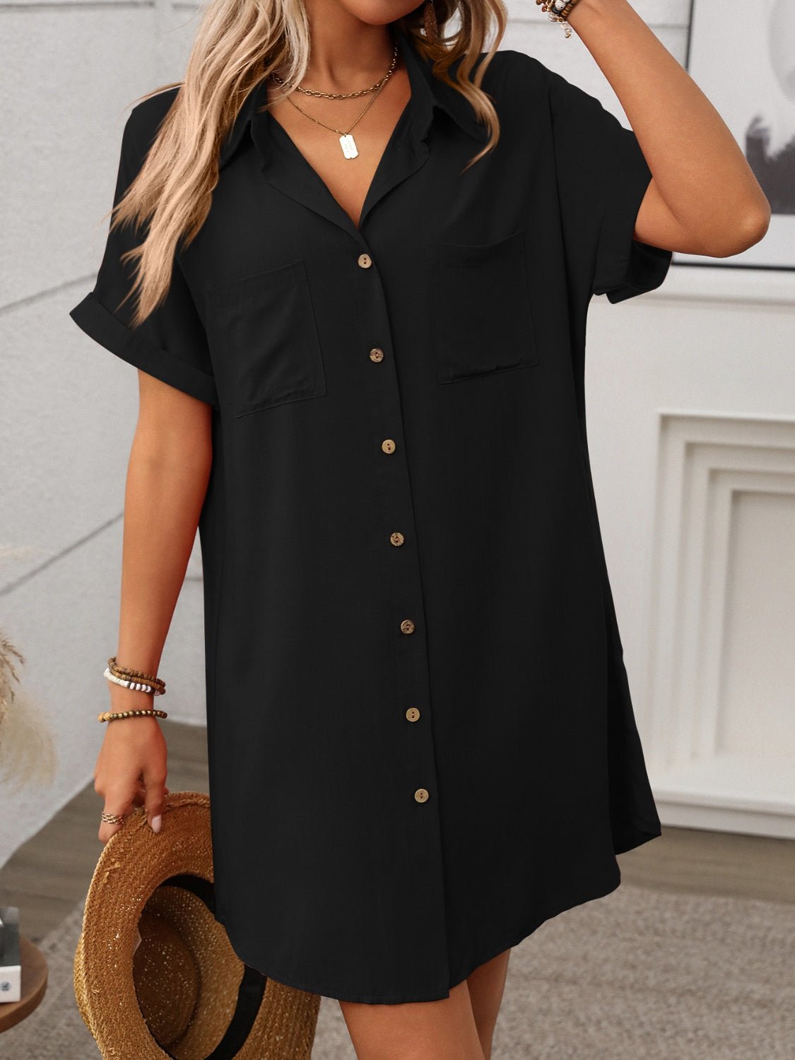 Button Down Short Sleeve Mini Dress - Securing Secrets Boutique LLC