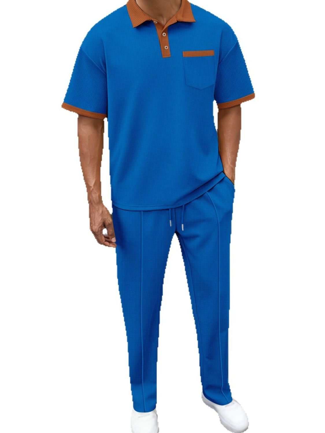 Men's full size waffle-knit contrast polo and pants set, plus size.