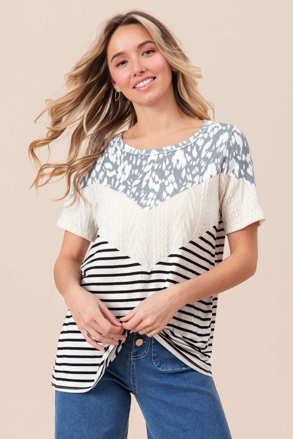 BiBi Printed Color Block Short Sleeve T-Shirt with Leopard and Striped Design