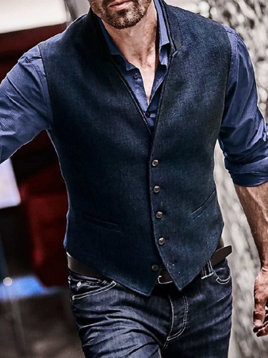 Men's full size button down vest in blue, slightly stretchy polyester-cotton blend.