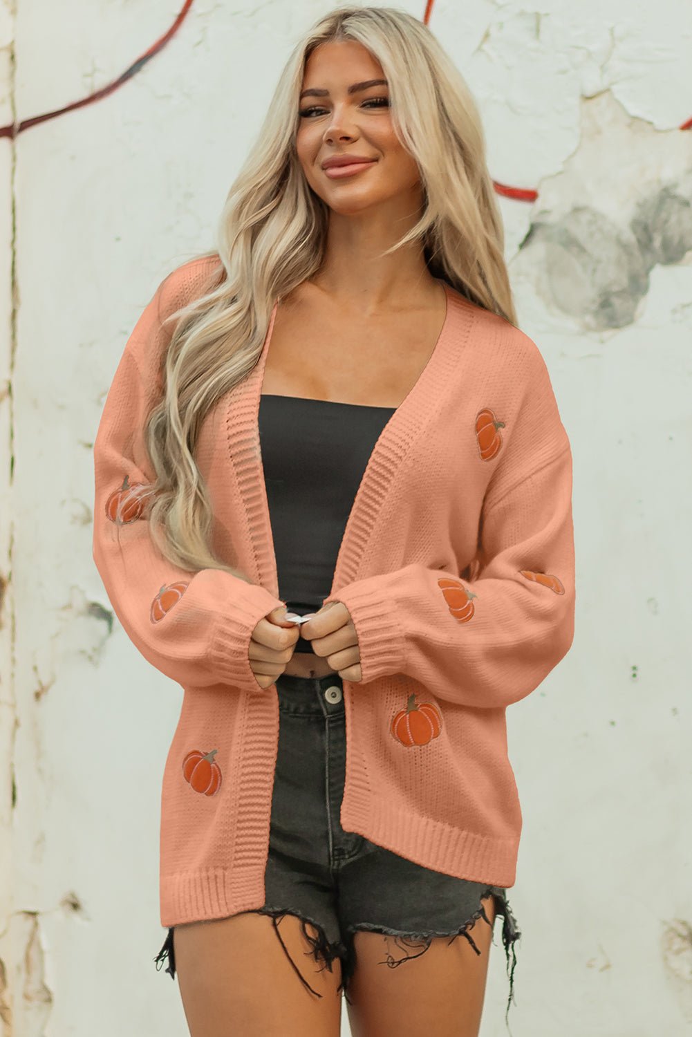 Straw Yellow Pumpkin Tree Print Open Front Drop Shoulder Midi Cardigan