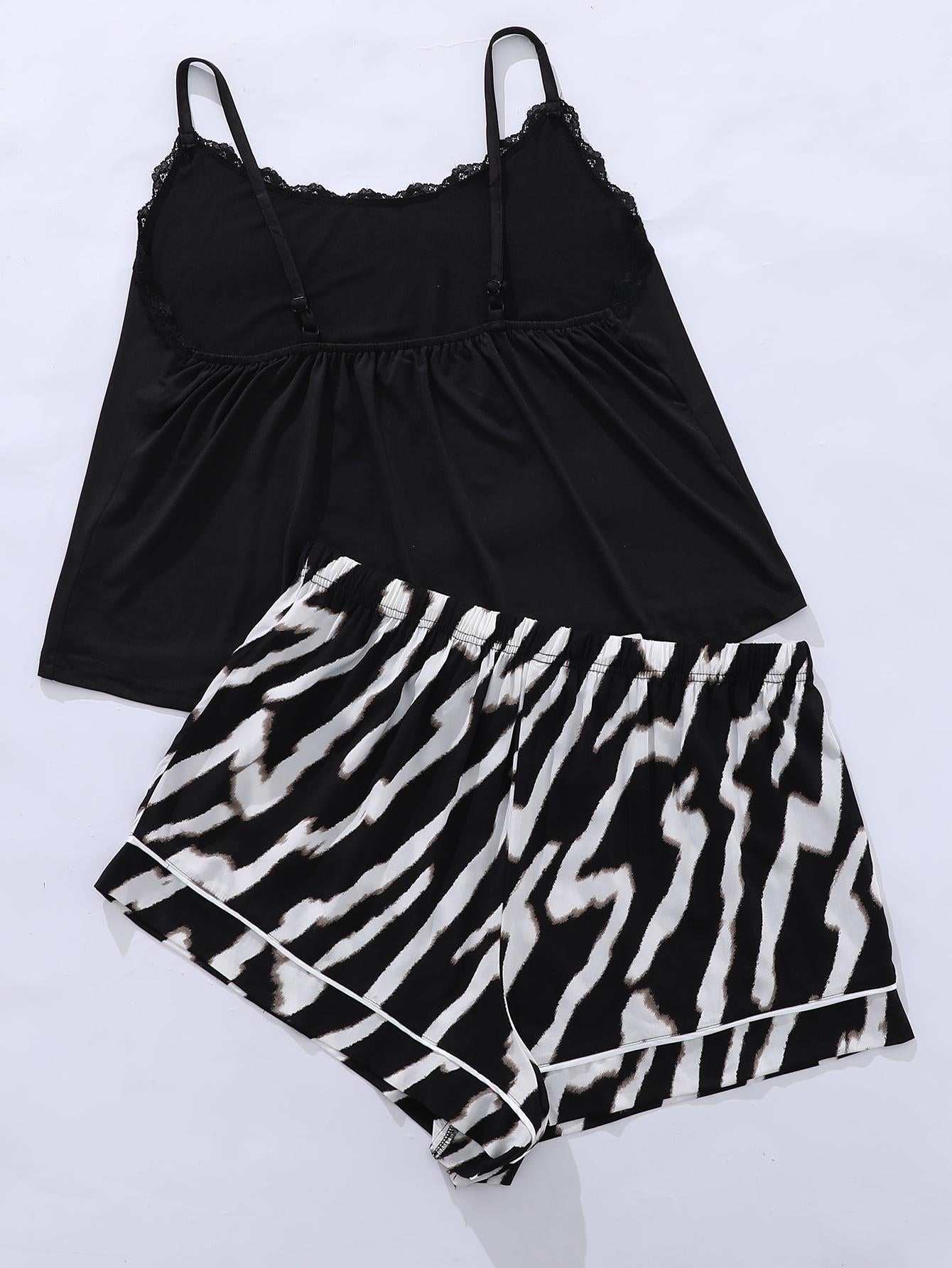 Plus size black lace trim scoop neck cami with zebra print shorts pajama set.