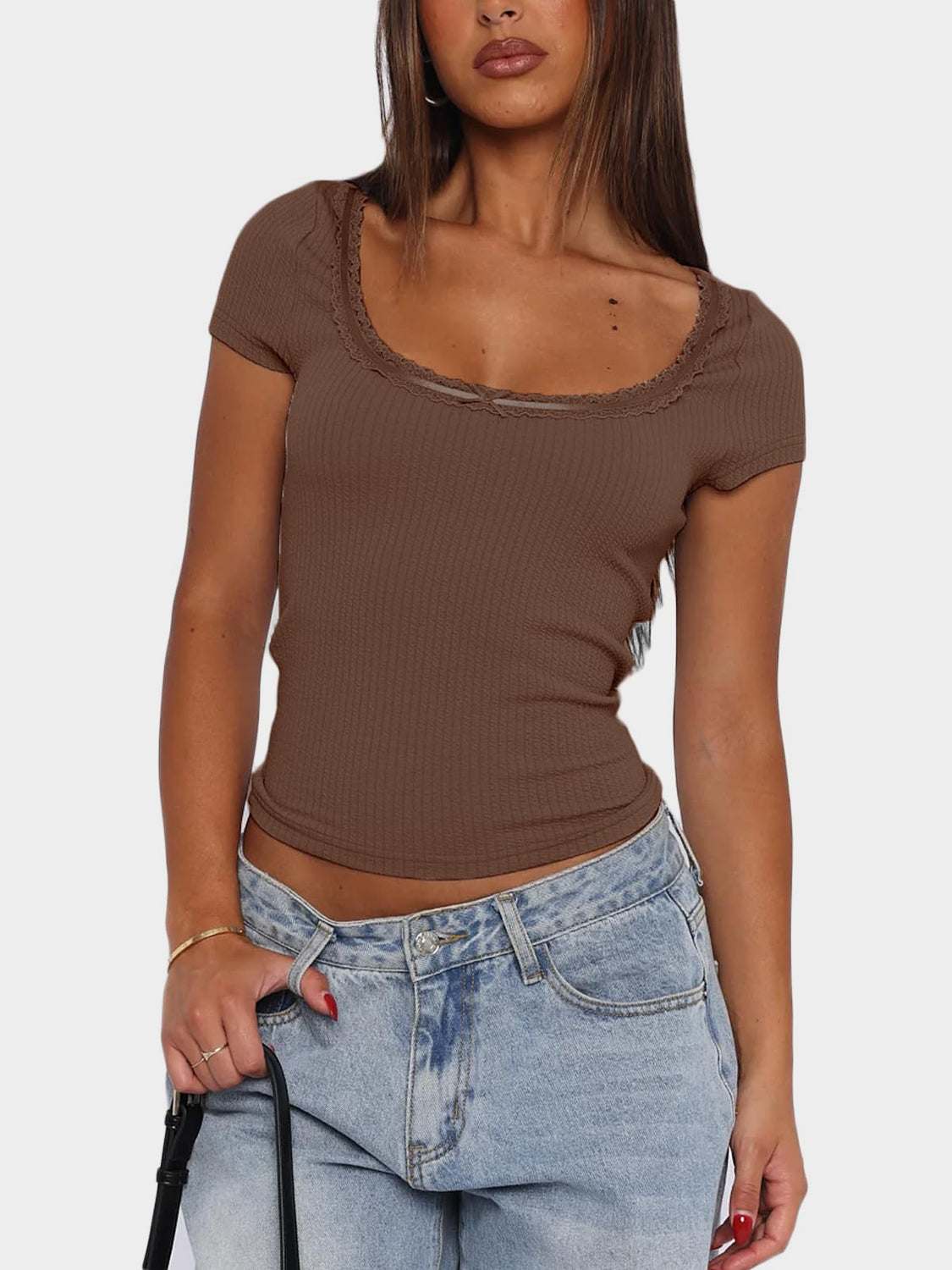 Lace detail scoop neck short sleeve t-shirt in brown.