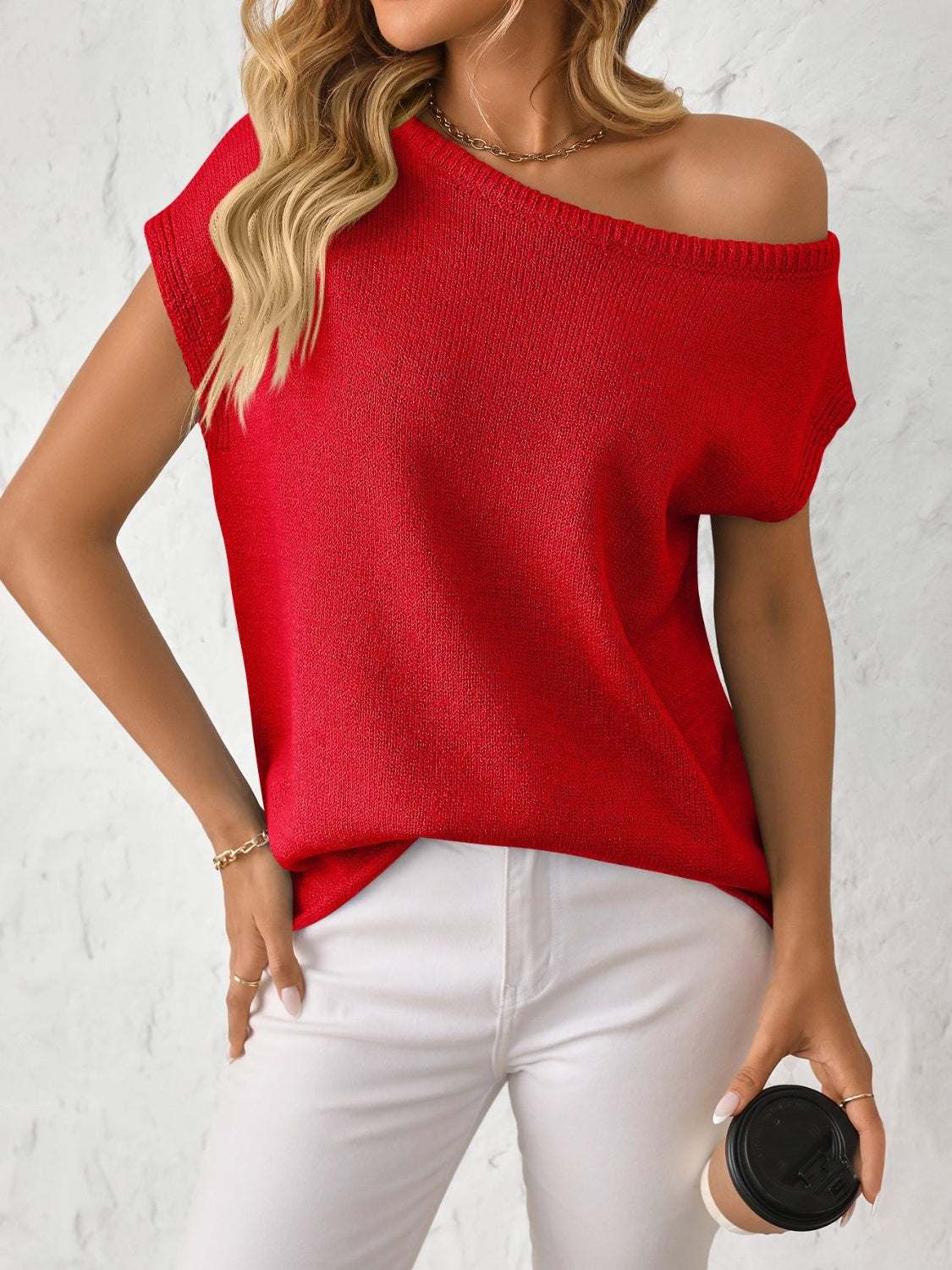 Mandy Boat Neck Short Sleeve Knit Top in Red, showcasing relaxed fit and moderate stretch for casual wear.