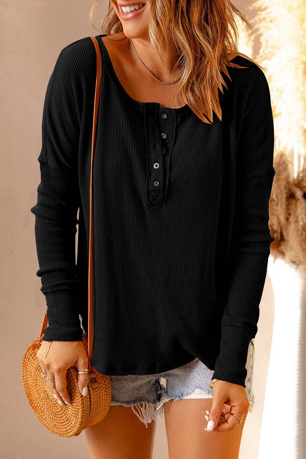 Double Take full size half button drop shoulder black T-shirt.