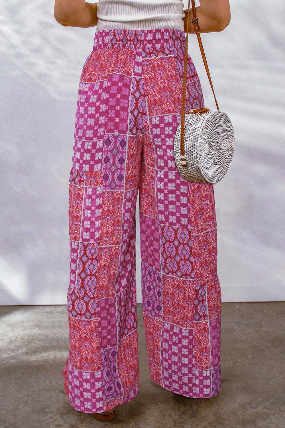 Full Size Drawstring Printed Wide Leg Pants in vibrant pink pattern.