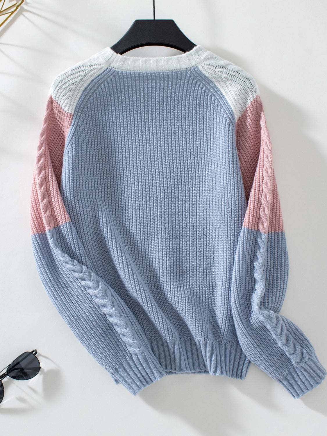 Color Block Round Neck Long Sleeve Sweater with pastel shades, ribbed texture, and slightly stretchy fabric.