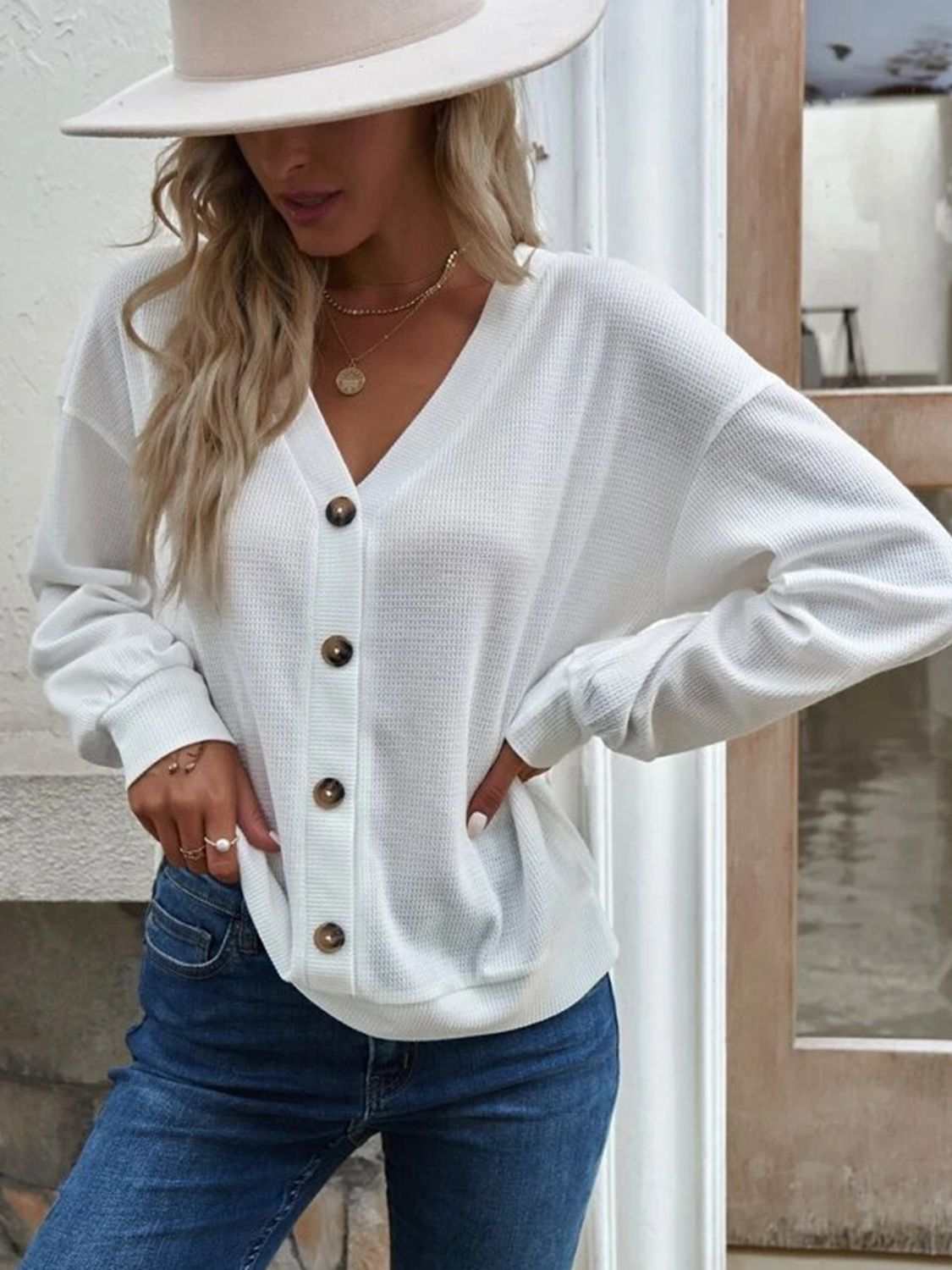 V-Neck Dropped Shoulder Blouse with Waffle-Knit Texture and Long Sleeves