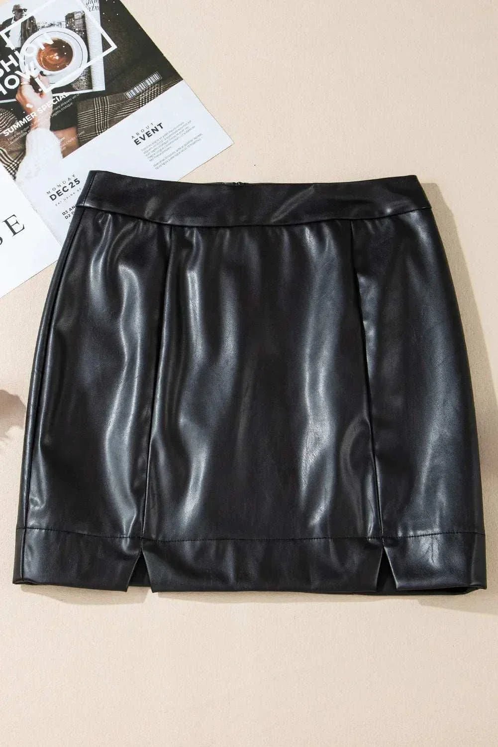 PU leather mini skirt, sleek black design, basic style, opaque finish.