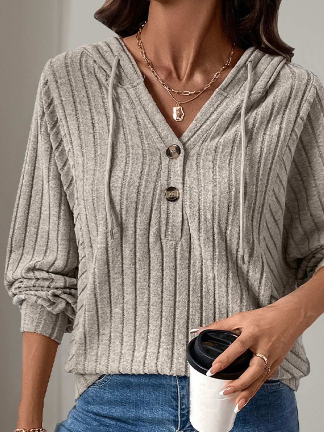 Perfee drawstring long sleeve hoodie with buttons and moderate stretch