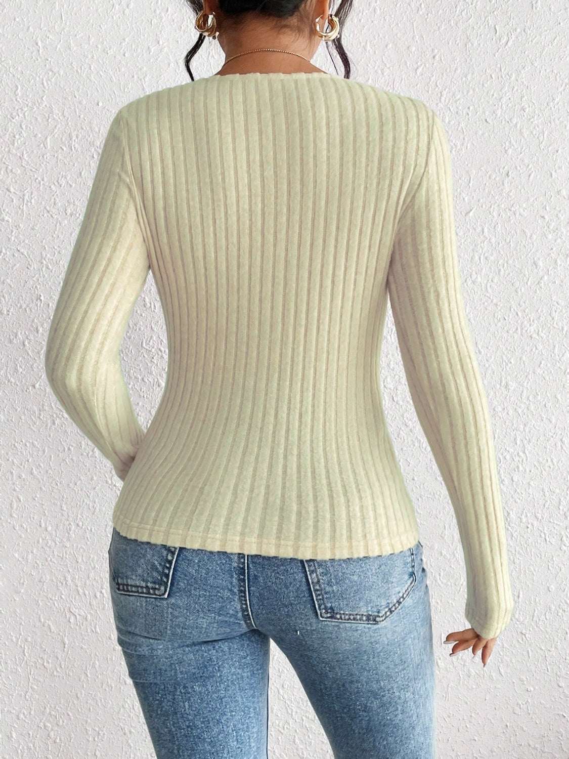 Honey Ribbed Long Sleeve T-Shirt in beige, slightly stretchy polyester blend, seen from the back.