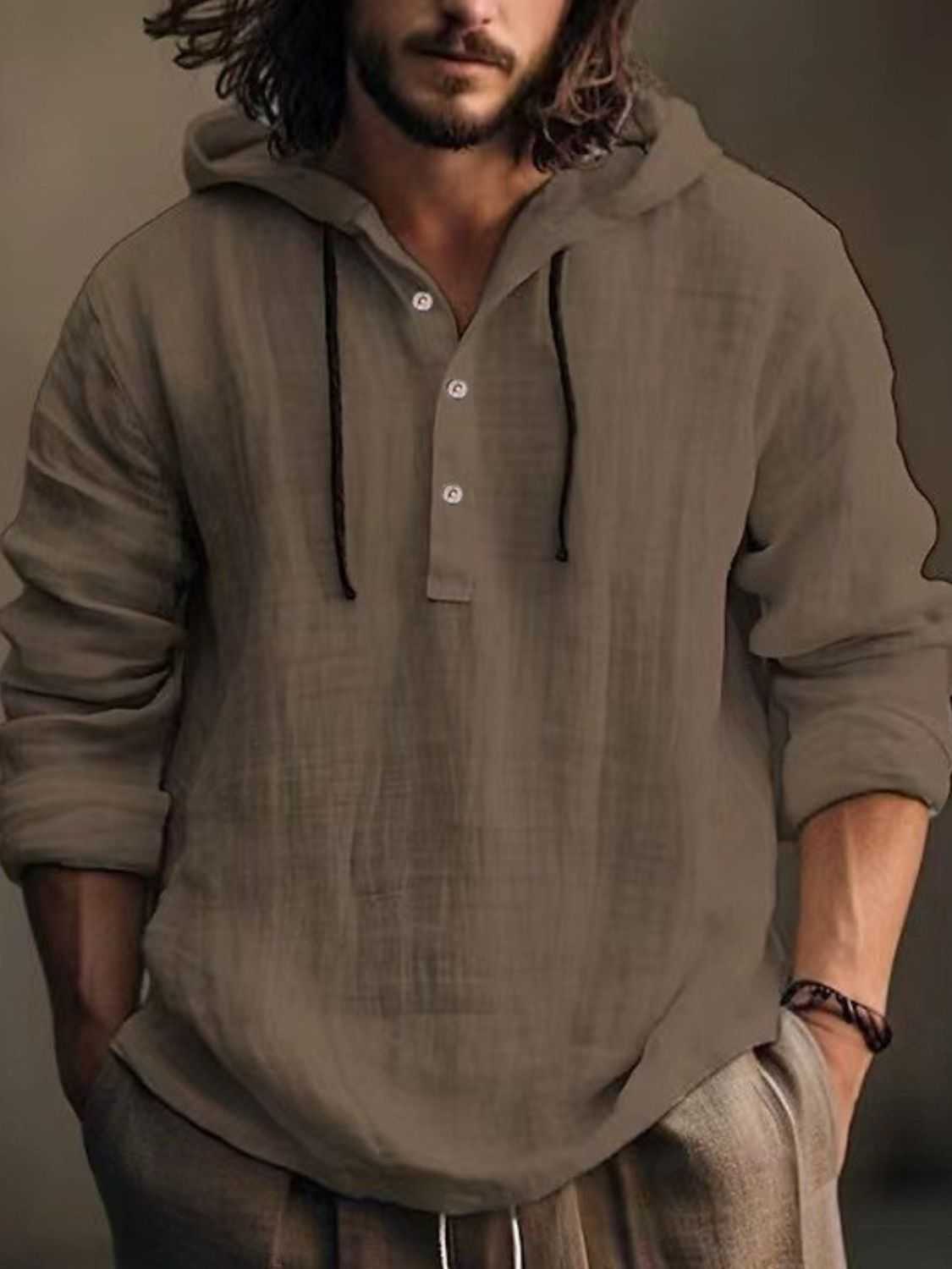 Men's full size half button long sleeve hoodie in khaki, 100% cotton casual design.