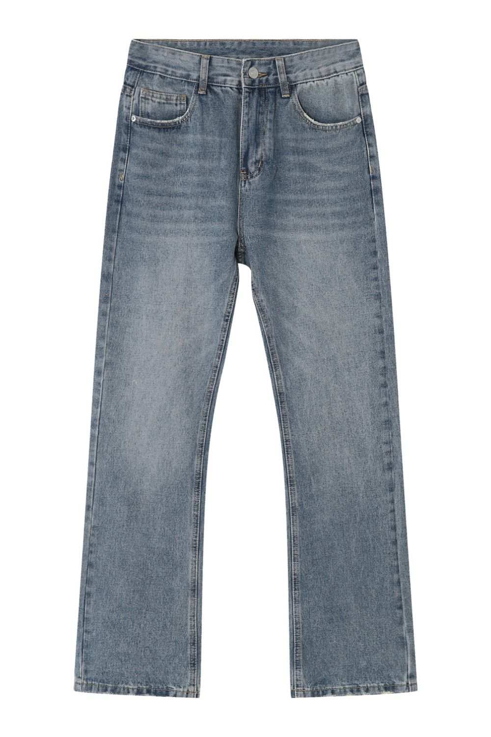 Mid rise men's jeans with pockets, no stretch, cotton blend.