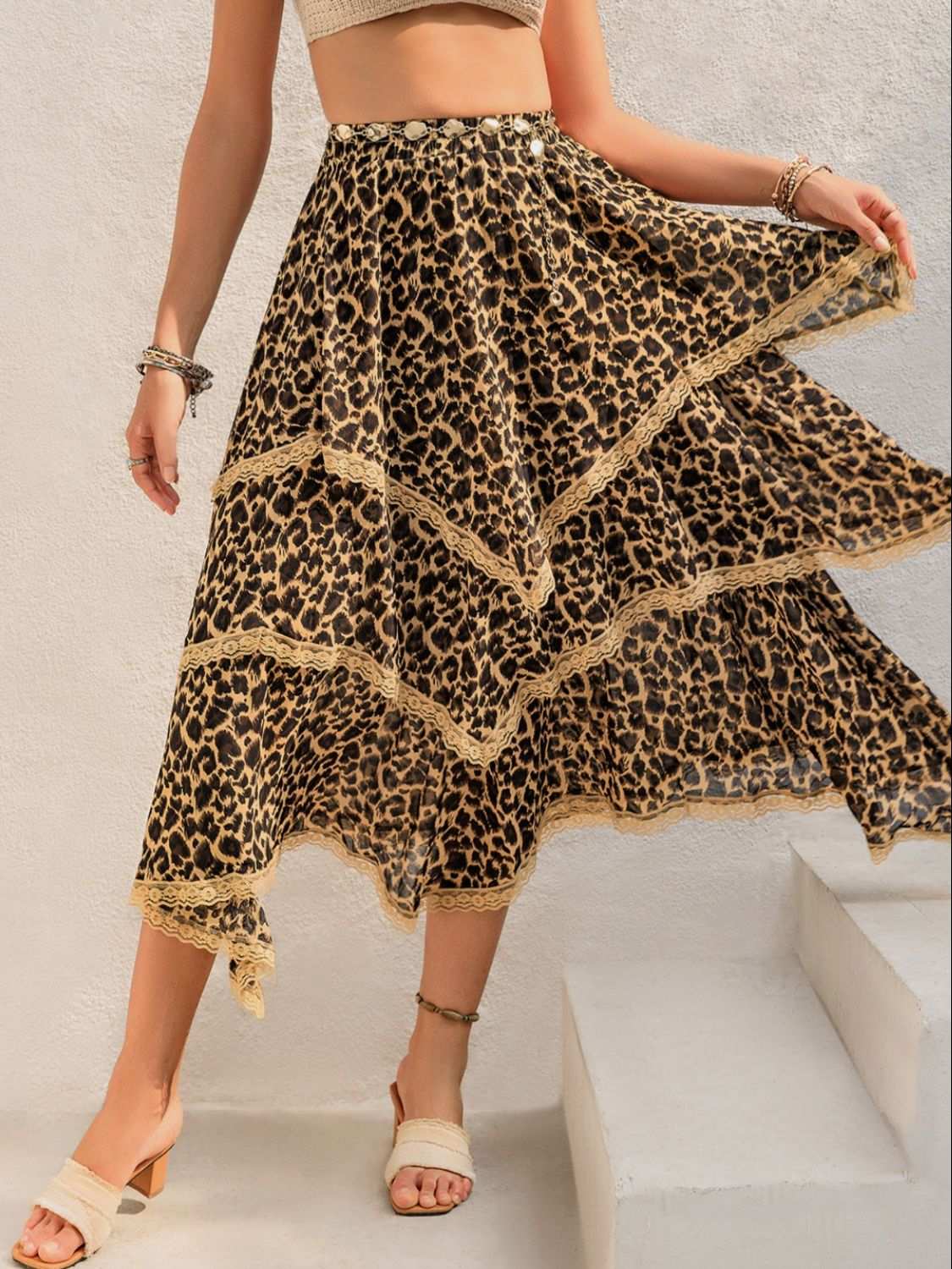 Lace Detail Layered Printed Skirt Leopard