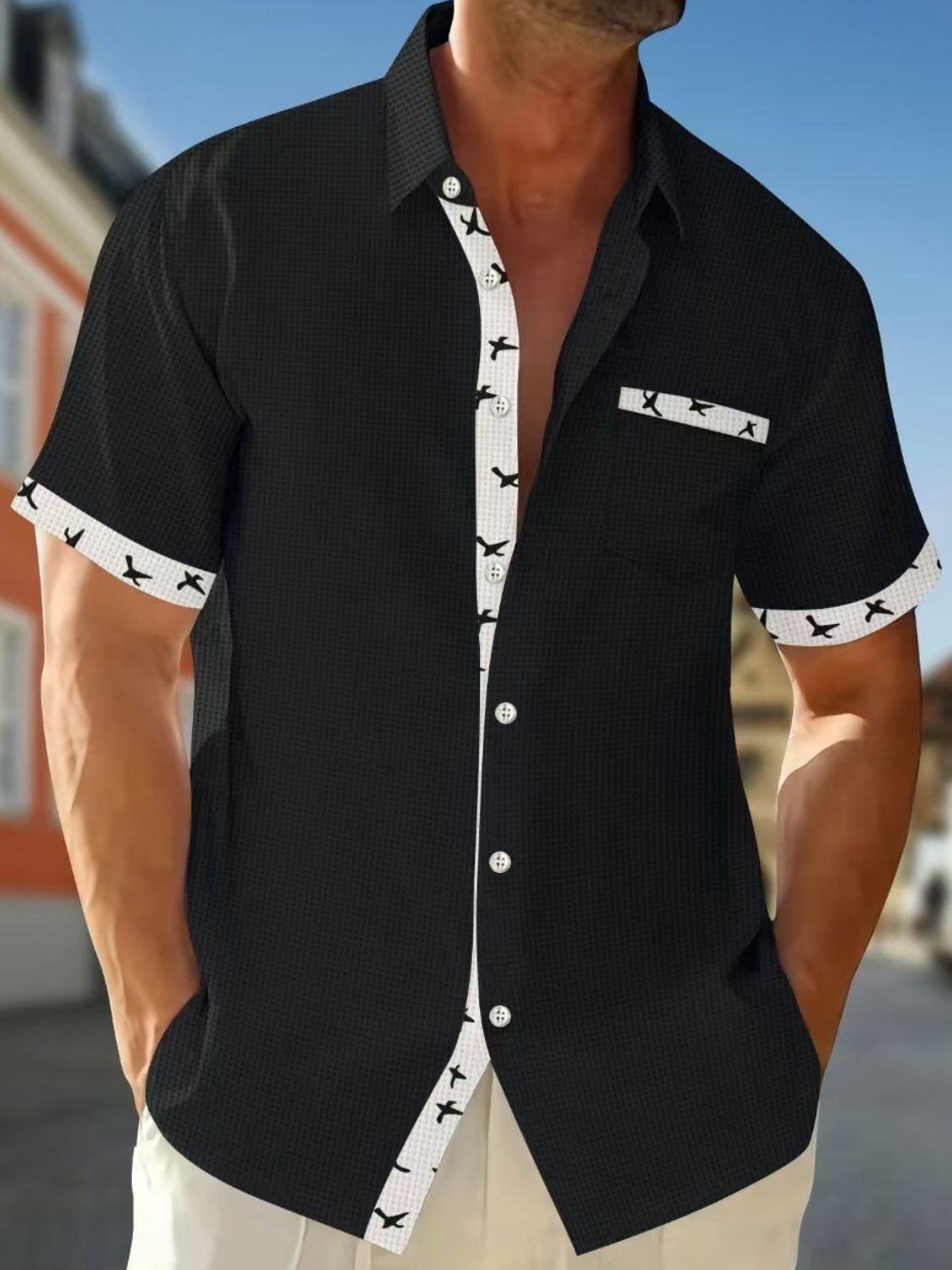 Men's Full Size Contrast Trim Waffle Knit Short Sleeve Shirt Plus Size - Securing Secrets Boutique LLC