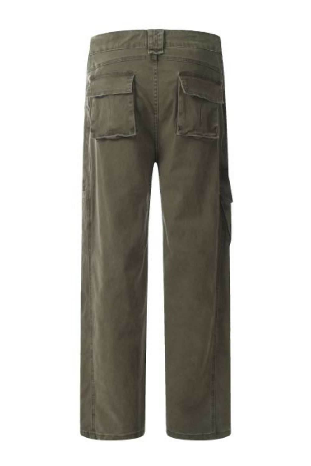 Men's straight leg cargo pants in green, featuring back and side pockets.