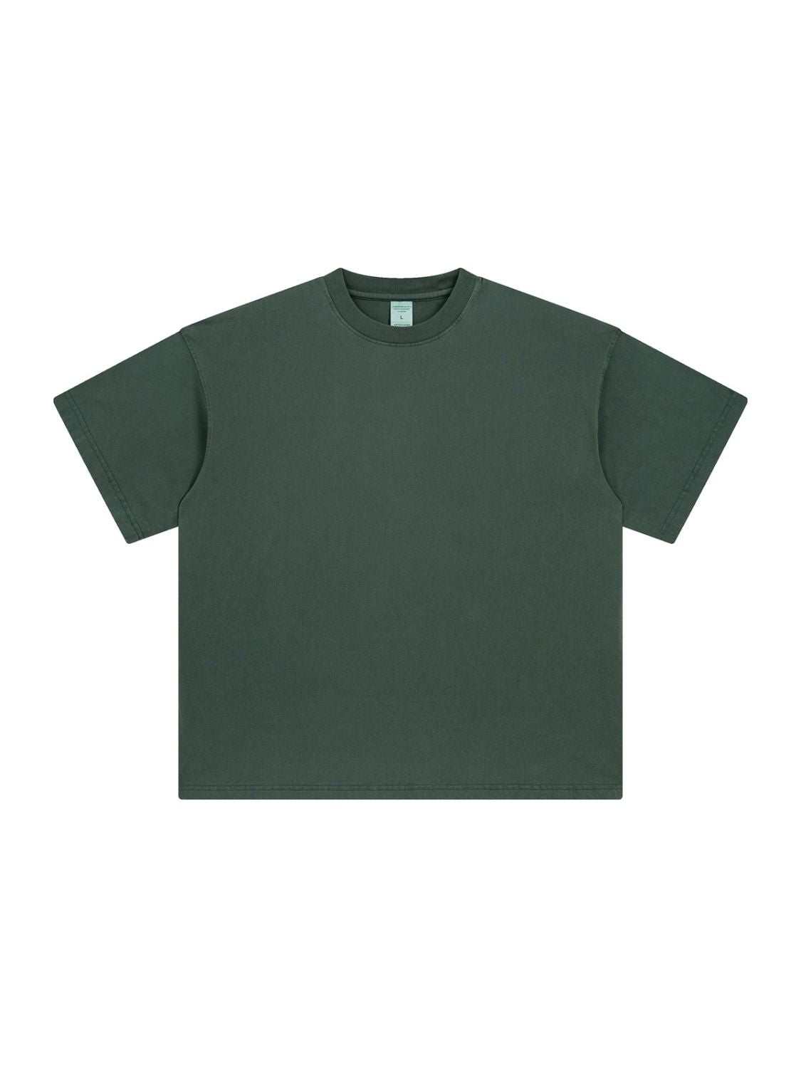 Men's round neck short sleeve t-shirt in dark green, slightly stretchy cotton-polyester blend.