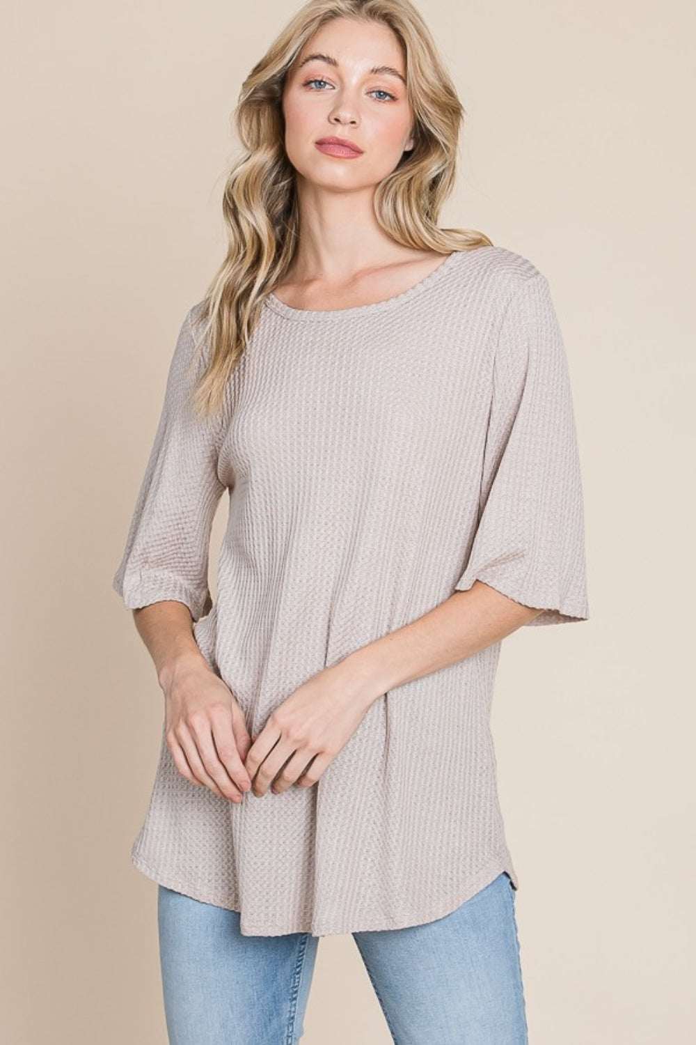 BOMBOM Round Neck Waffle Knit T-Shirt in beige, showcasing a relaxed fit and soft texture.