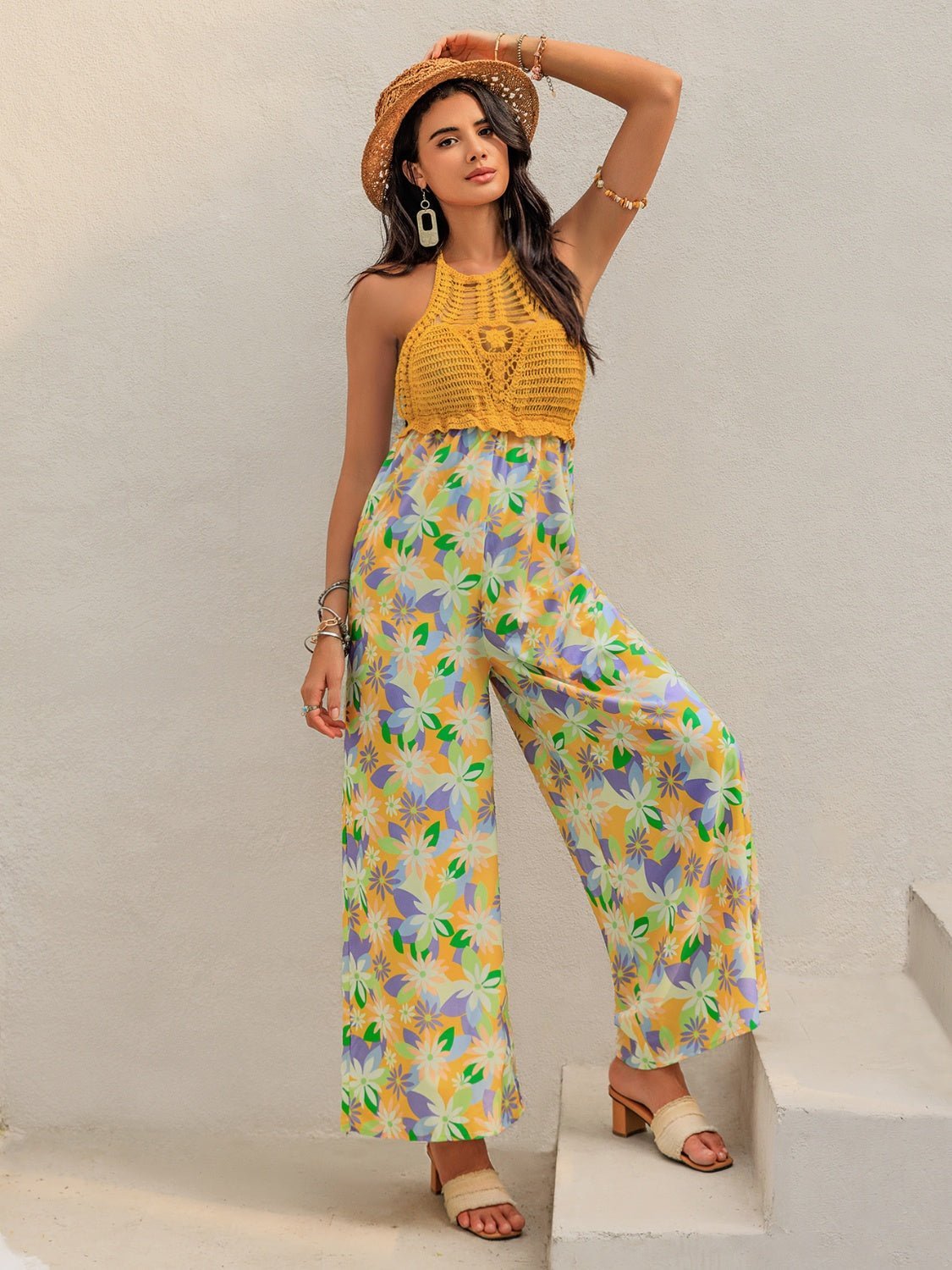Openwork Halter Neck Floral Wide Leg Jumpsuit - Securing Secrets Boutique LLC